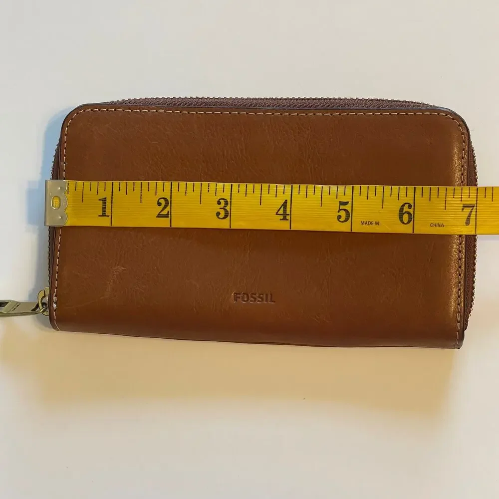 Fossil Leather Zip Around Wallet Womens Brown Card Holder Purse